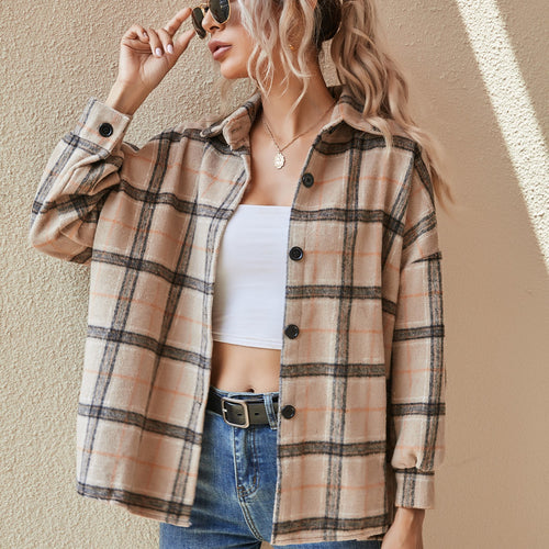 Damen Oversize Karierte Hemdjacke aus gebürstetem Flanell mit Knopfleiste – Célinea