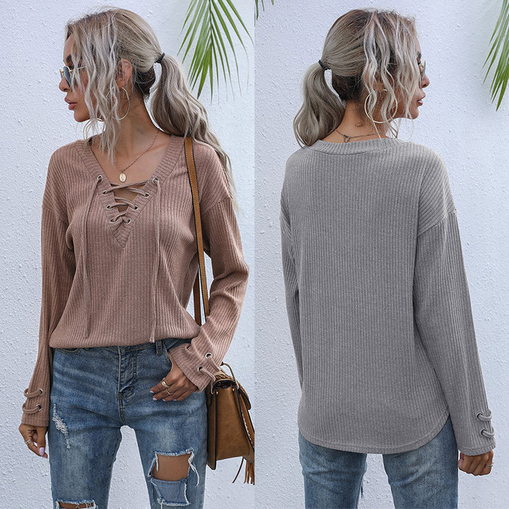 Damen Gerippter V-Ausschnitt Pullover mit Schnürdetail und lockerer Passform Echoarchiv