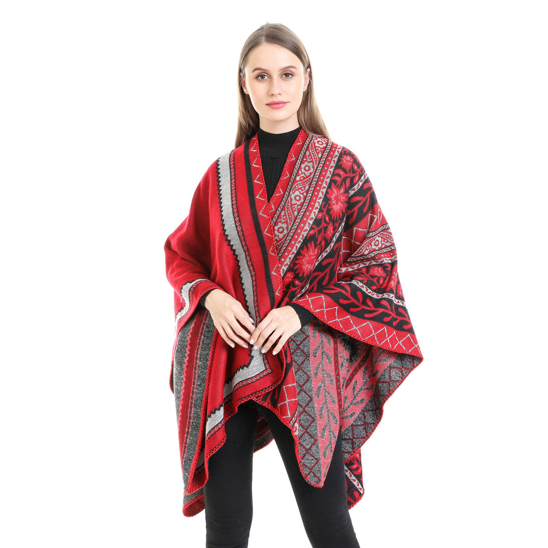 Damen Oversize-Ruana-Poncho mit Ornament-Jacquard und gehäkelter Kettelnaht Echo Archiv