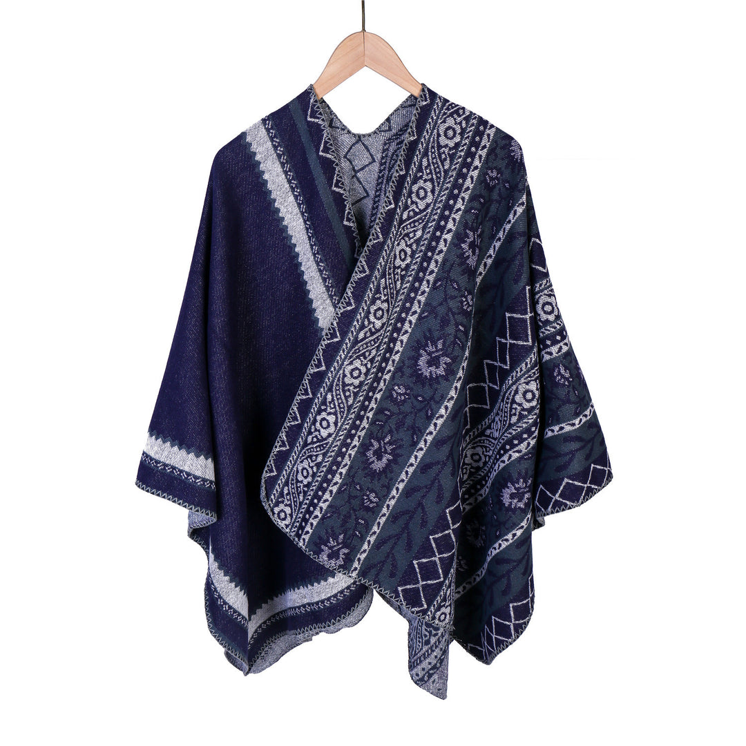 Damen Oversize-Ruana-Poncho mit Ornament-Jacquard und gehäkelter Kettelnaht Echo Archiv