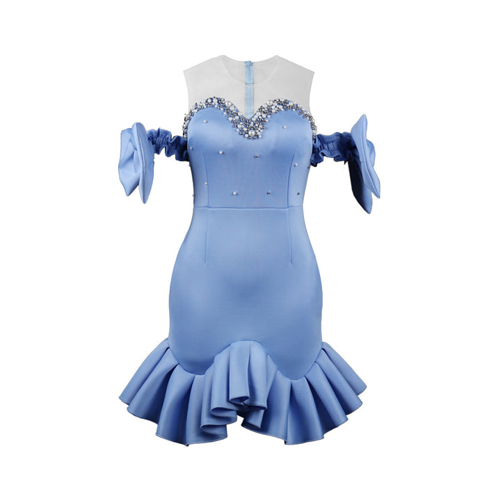 Damen Abendkleid mit transparenten Puffärmeln und Rüschenrand Echo Archiv