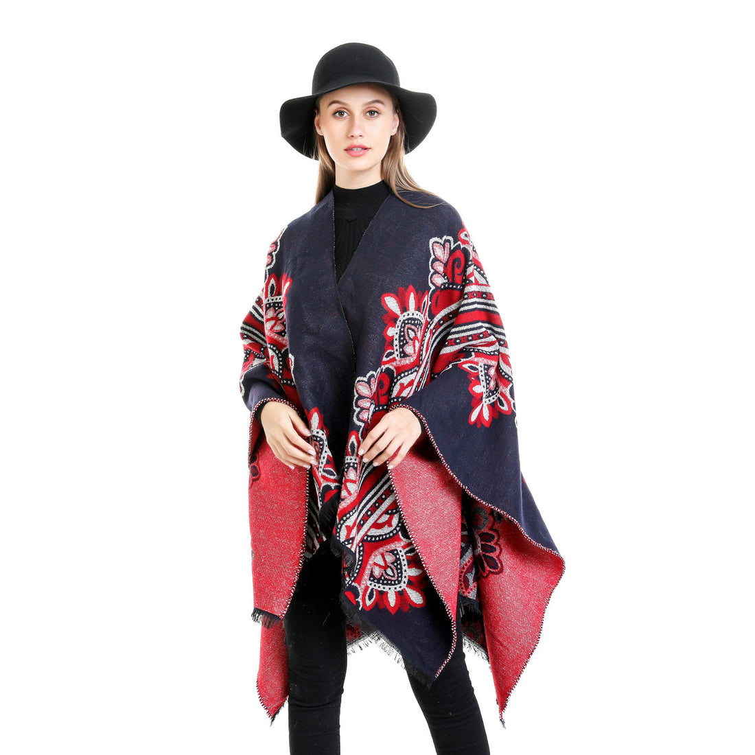 Damen Boho-Ruana mit floralem Ornamentjacquard und ausgefranster Kante – Montévia