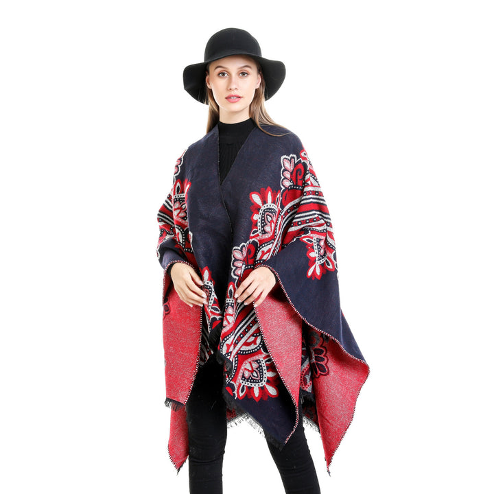 Damen Boho-Ruana mit floralem Ornamentjacquard und ausgefranster Kante – Montévia