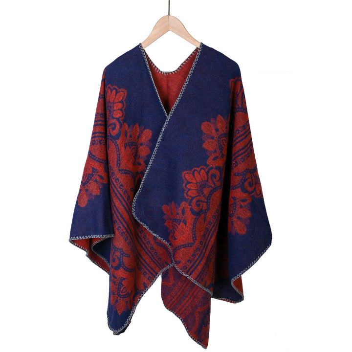 Damen Boho-Ruana mit floralem Ornamentjacquard und ausgefranster Kante – Montévia