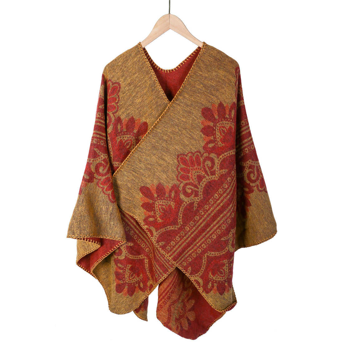 Damen Boho-Ruana mit floralem Ornamentjacquard und ausgefranster Kante – Montévia
