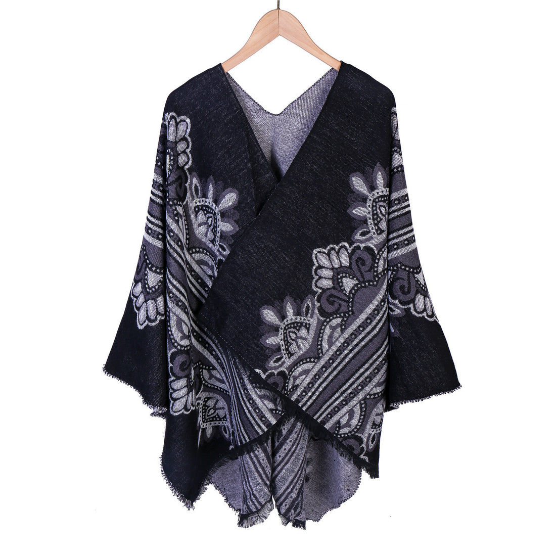 Damen Boho-Ruana mit floralem Ornamentjacquard und ausgefranster Kante – Montévia
