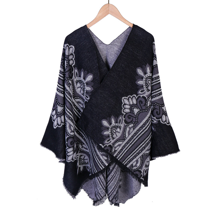Damen Boho-Ruana mit floralem Ornamentjacquard und ausgefranster Kante – Montévia