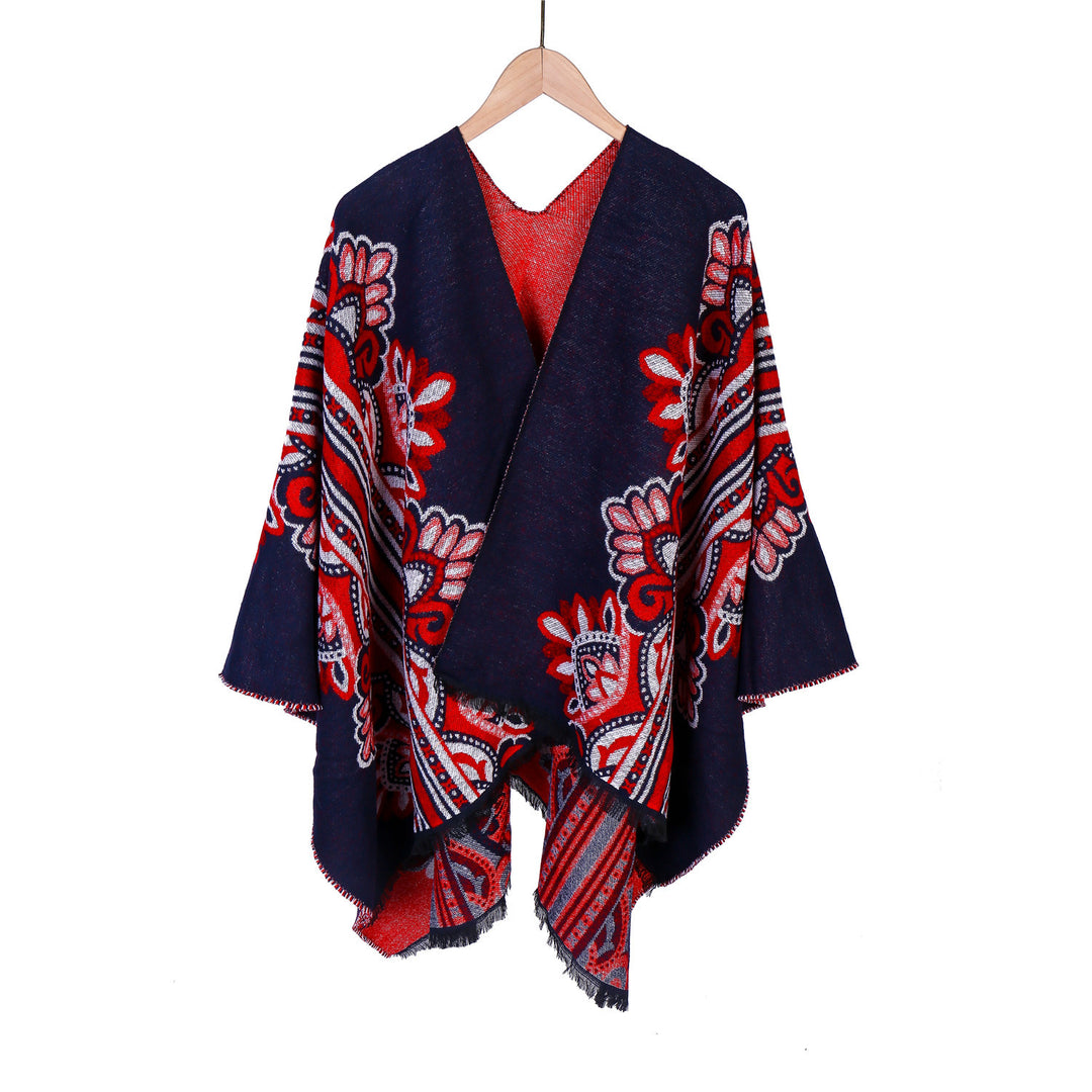 Damen Boho-Ruana mit floralem Ornamentjacquard und ausgefranster Kante – Montévia
