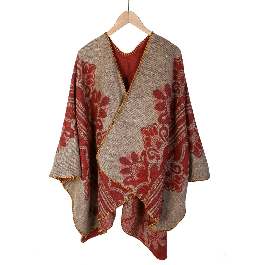 Damen Boho-Ruana mit floralem Ornamentjacquard und ausgefranster Kante – Montévia