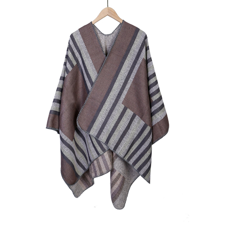 Damen Wendefreundliche Ruana im Oversize mit diagonalen Blockstreifen und dekorativer Zierkante – Avérine