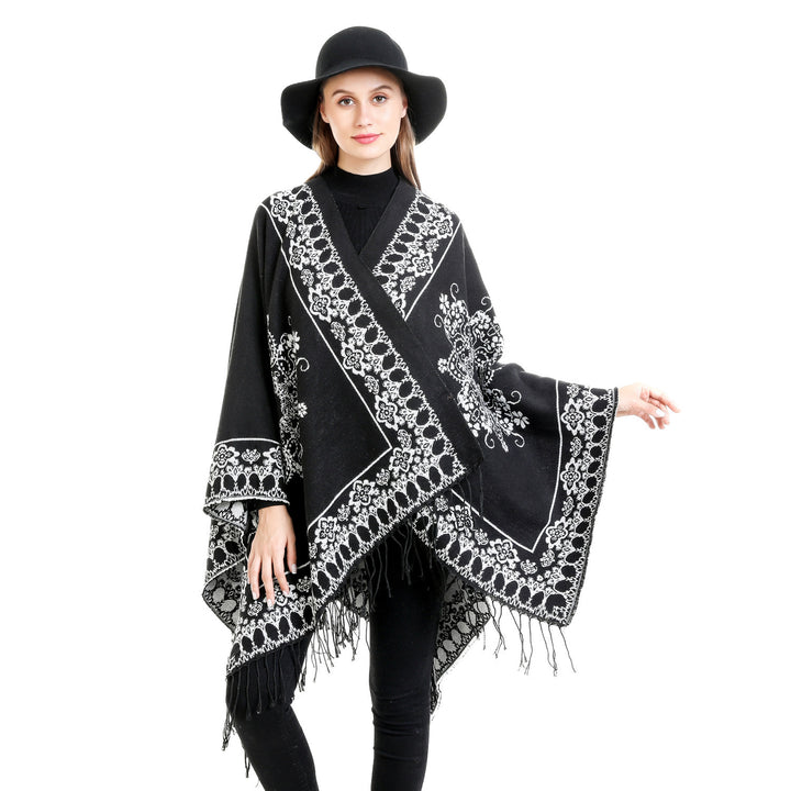 Damen Jacquard‑Poncho im Kimono‑Fall mit Fransensaum Echo Archiv