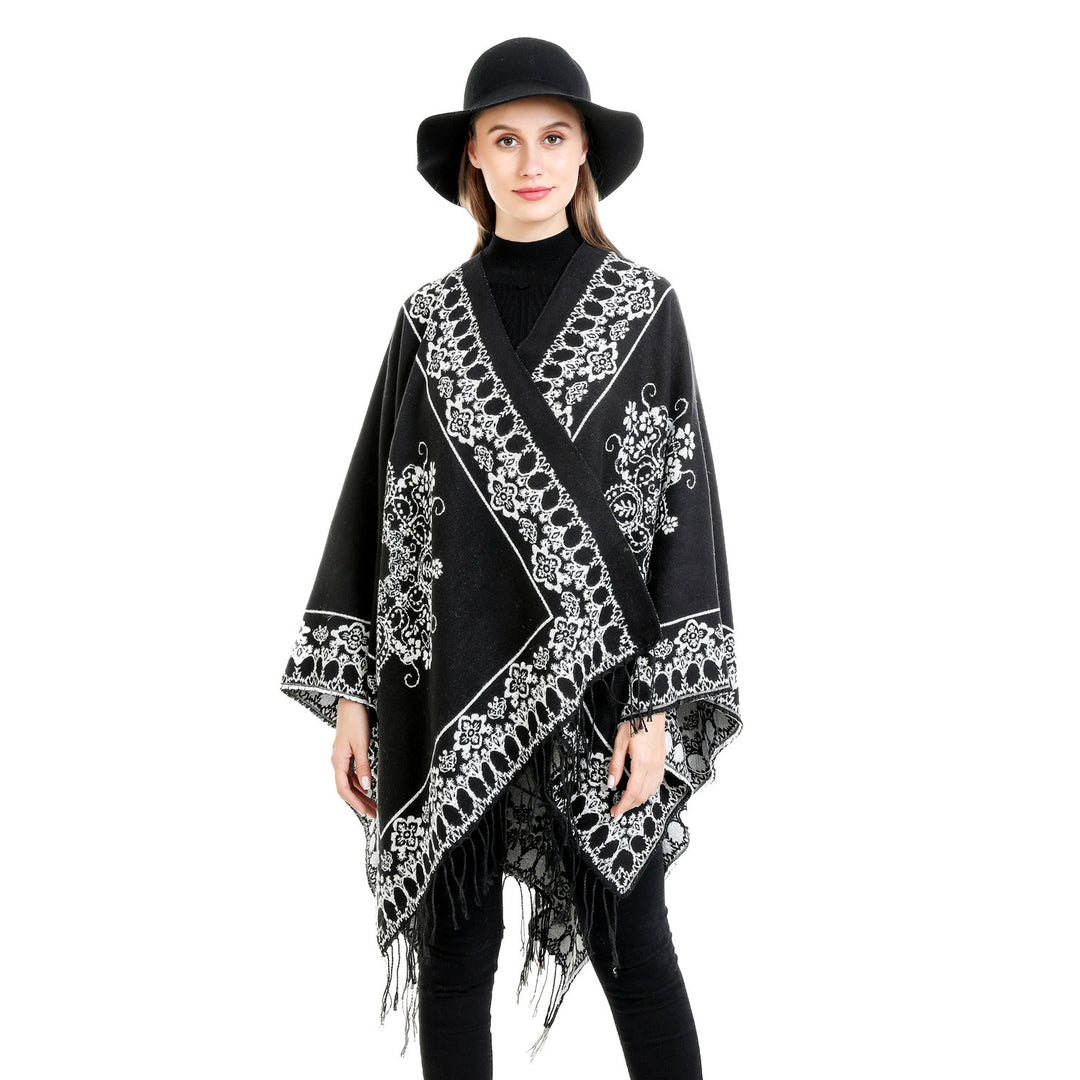 Damen Jacquard‑Poncho im Kimono‑Fall mit Fransensaum Echo Archiv
