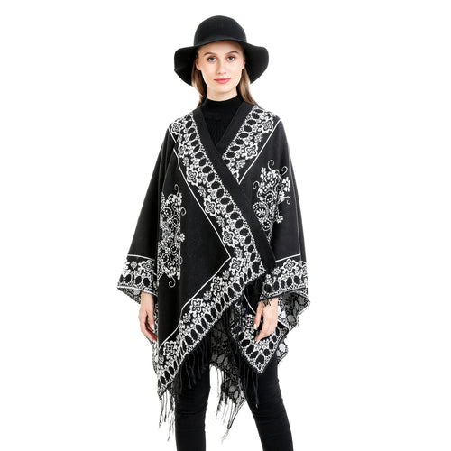 Damen Jacquard‑Poncho im Kimono‑Fall mit Fransensaum Echo Archiv