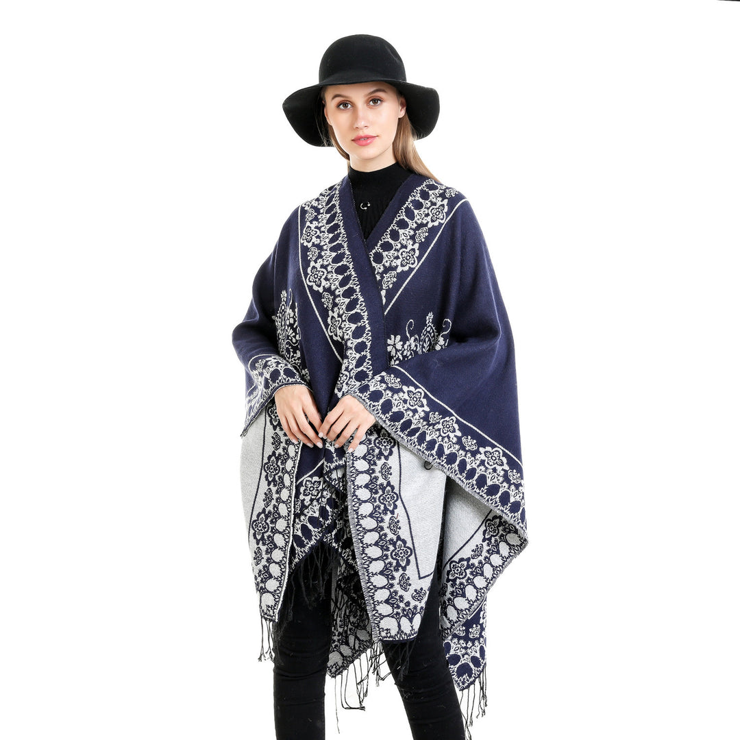 Damen Jacquard‑Poncho im Kimono‑Fall mit Fransensaum Echo Archiv