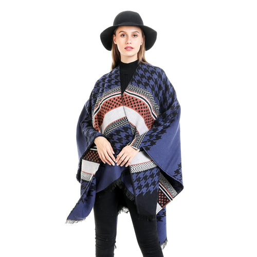 Damen Oversize-Ruana mit Hahnentritt-Jacquard und Fransensaum Echo Archiv