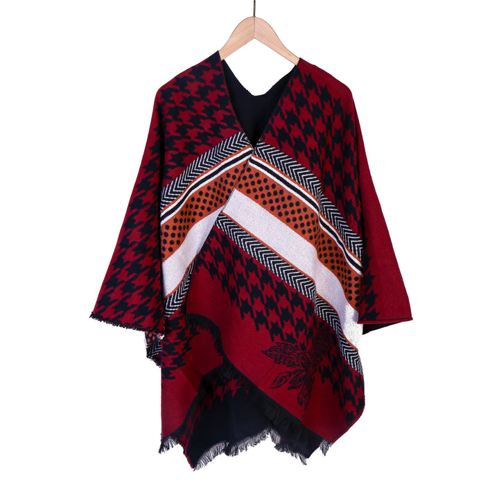 Damen Oversize-Ruana mit Hahnentritt-Jacquard und Fransensaum Echo Archiv