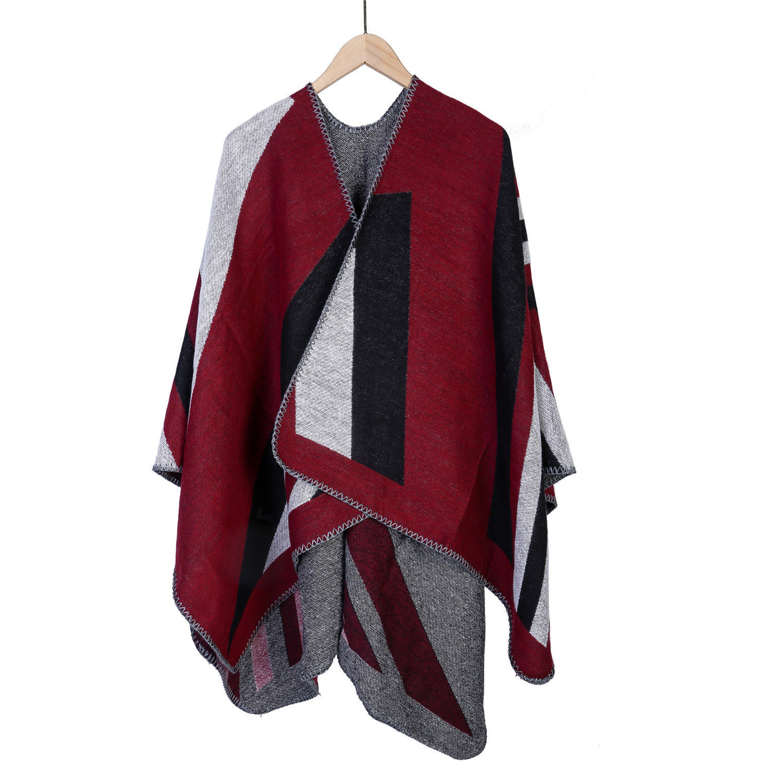 Damen Oversize-Ruana mit grafischem Blockmuster und dekorativer Kettelnaht Echo Archiv