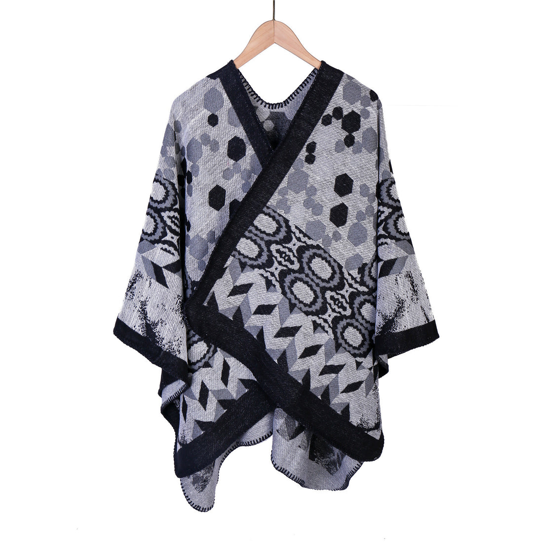 Damen Gemusterter Jacquard-Ruana-Überwurf mit V-Ausschnitt und Kettelnaht – Veloura