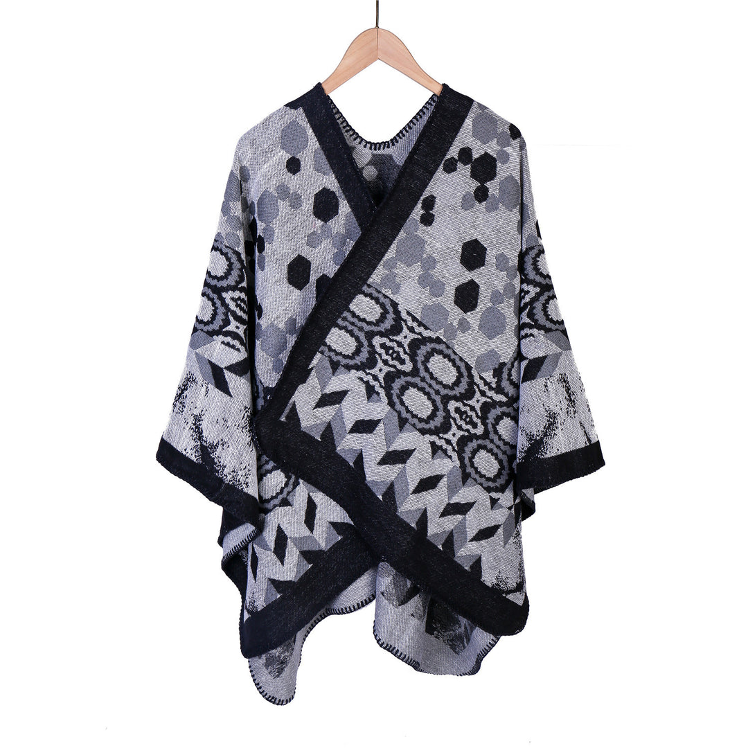 Damen Gemusterter Jacquard-Ruana-Überwurf mit V-Ausschnitt und Kettelnaht Echo Archiv
