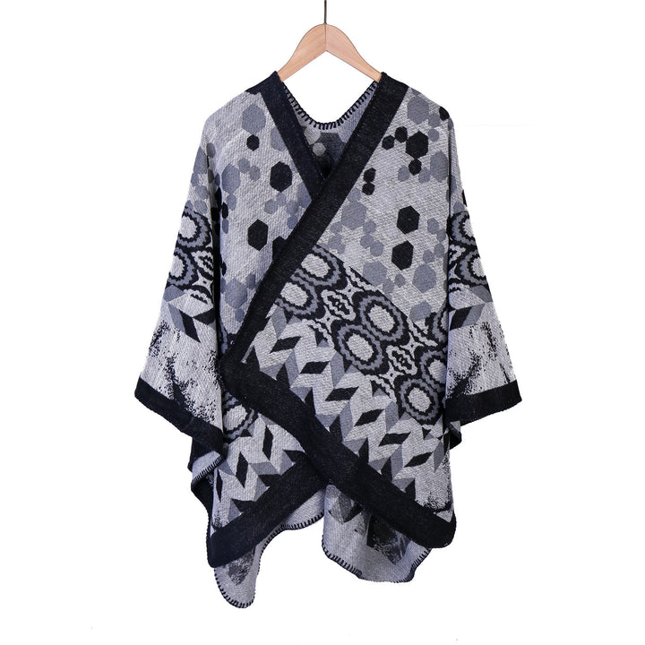 Damen Gemusterter Jacquard-Ruana-Überwurf mit V-Ausschnitt und Kettelnaht Echo Archiv