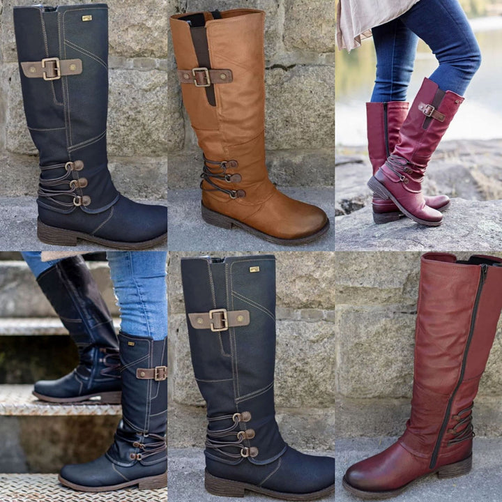 Damen nan wadenhohe Stiefel in Lederoptik mit verstellbaren Zierriemen und profilierter Gummisohle Echo Archiv