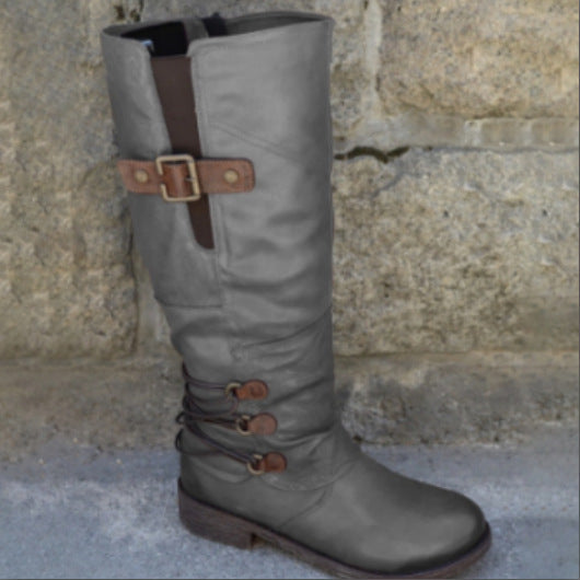 Damen nan wadenhohe Stiefel in Lederoptik mit verstellbaren Zierriemen und profilierter Gummisohle Echo Archiv