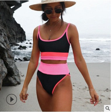 Damen Hoch tailliertes Bikini-Set mit modischen Blockstreifen Echo Archiv