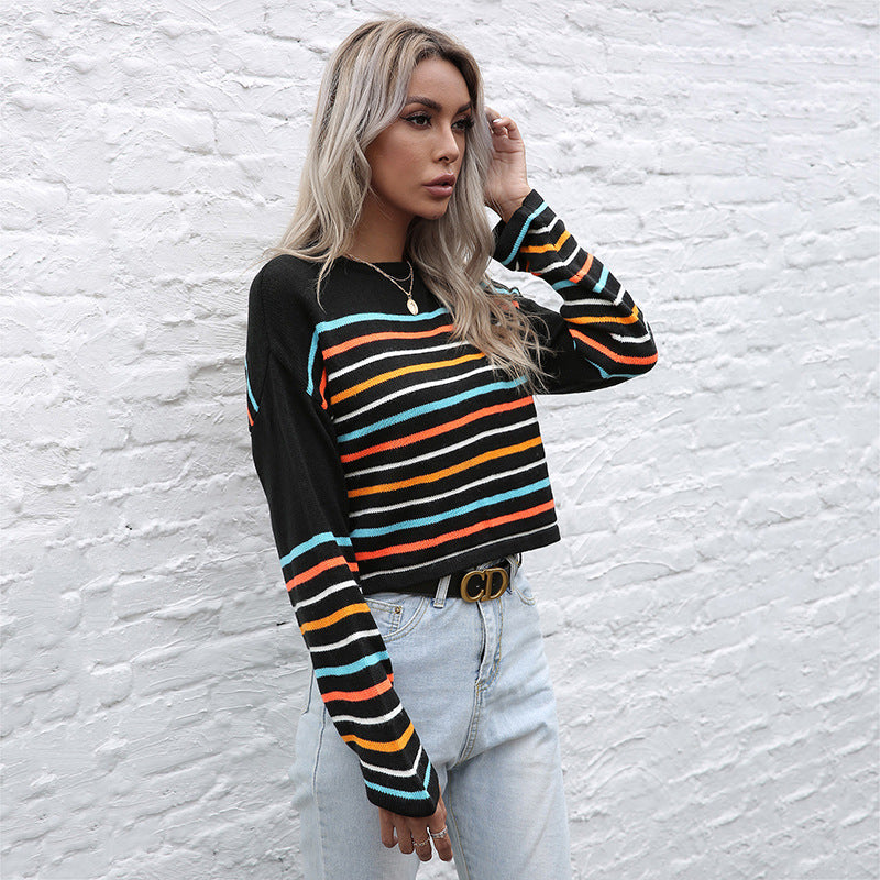Damen Cropped Feinstrickpullover mit bunten Blockstreifen Echoarchiv