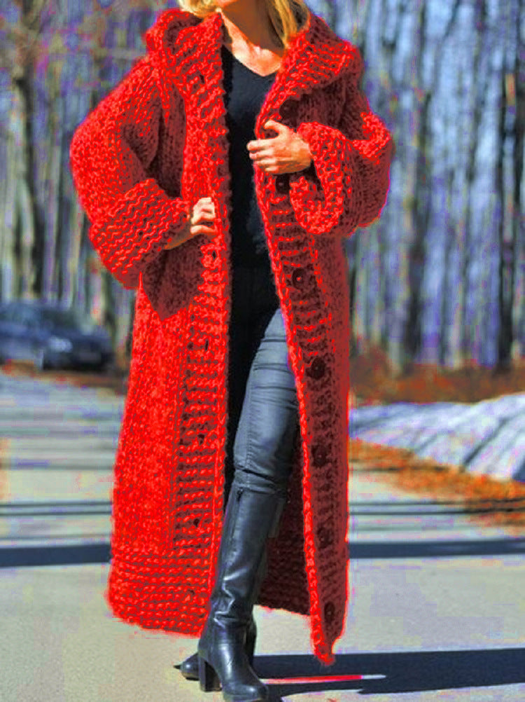 Damen Oversize Grobstrick Maximantel mit Kapuze und Knopfleiste Echo Archiv