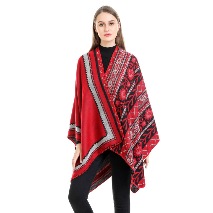 Damen Oversize-Ruana-Poncho mit Ornament-Jacquard und gehäkelter Kettelnaht Echo Archiv