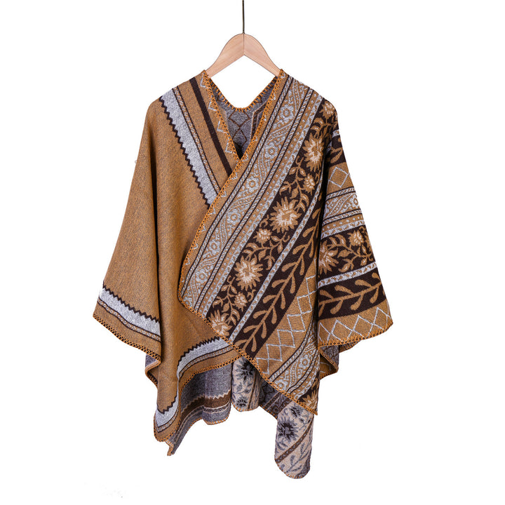 Damen Oversize-Ruana-Poncho mit Ornament-Jacquard und gehäkelter Kettelnaht Echo Archiv