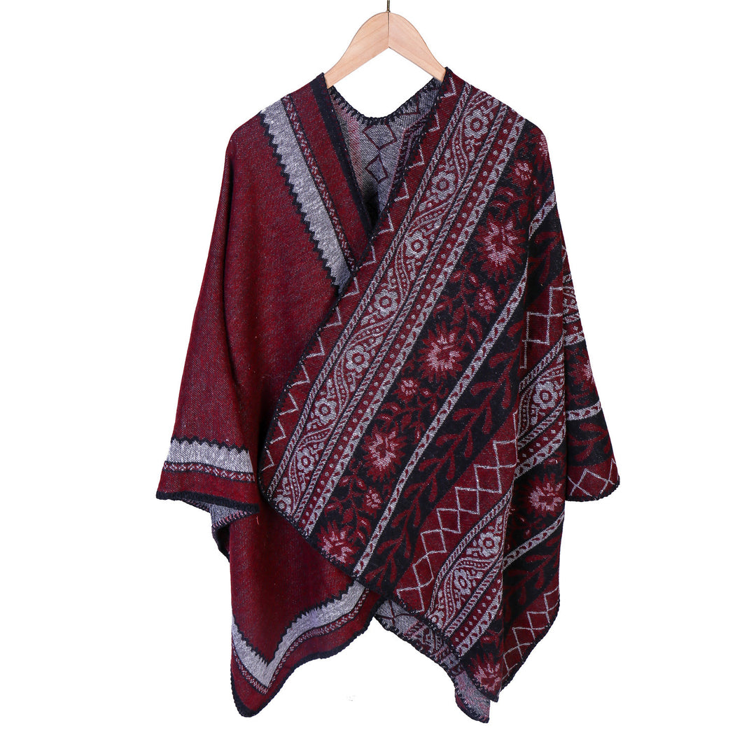 Damen Oversize-Ruana-Poncho mit Ornament-Jacquard und gehäkelter Kettelnaht Echo Archiv