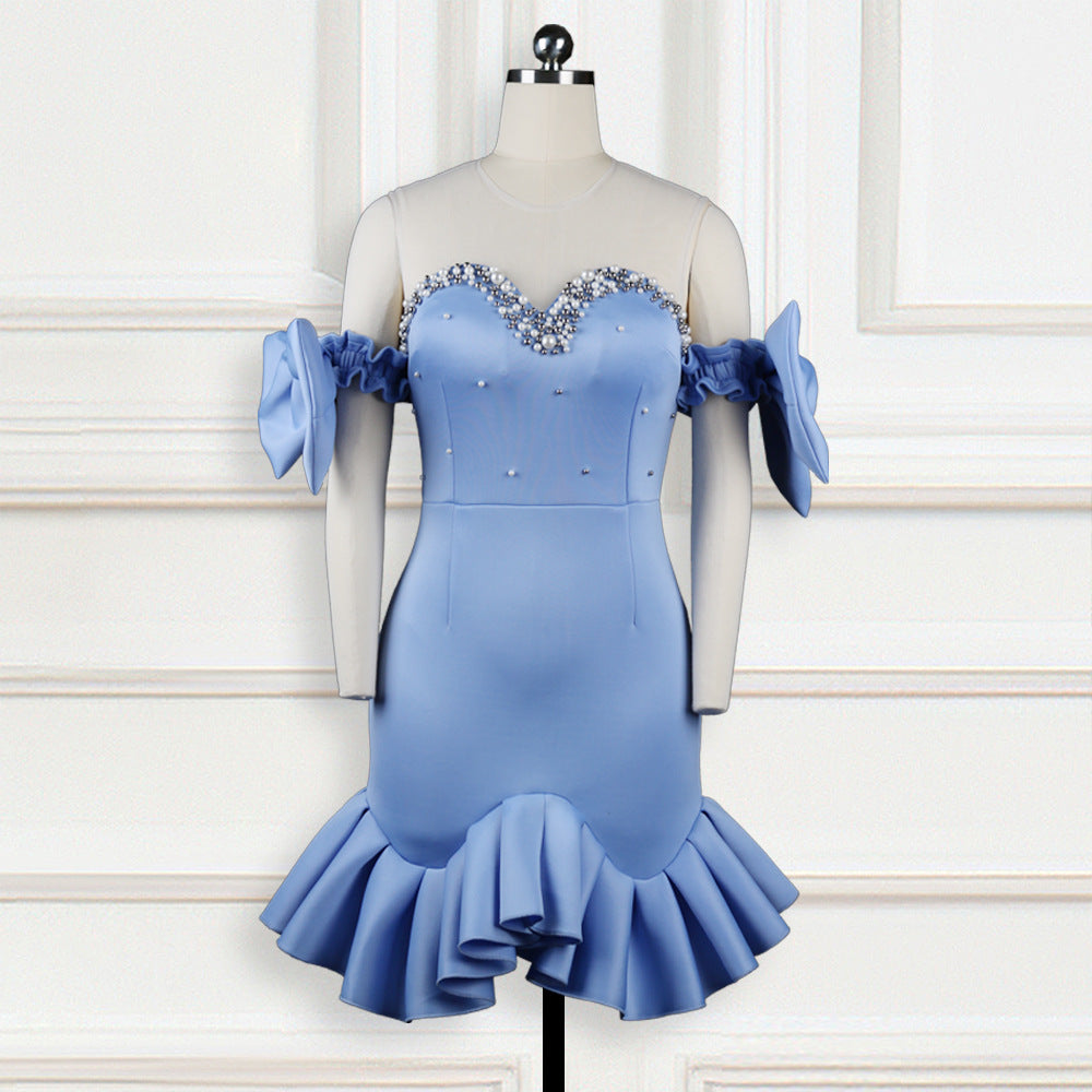 Damen glamouröses Cocktailkleid mit transparenten Puffärmeln und Rüschensaum Echo Archiv