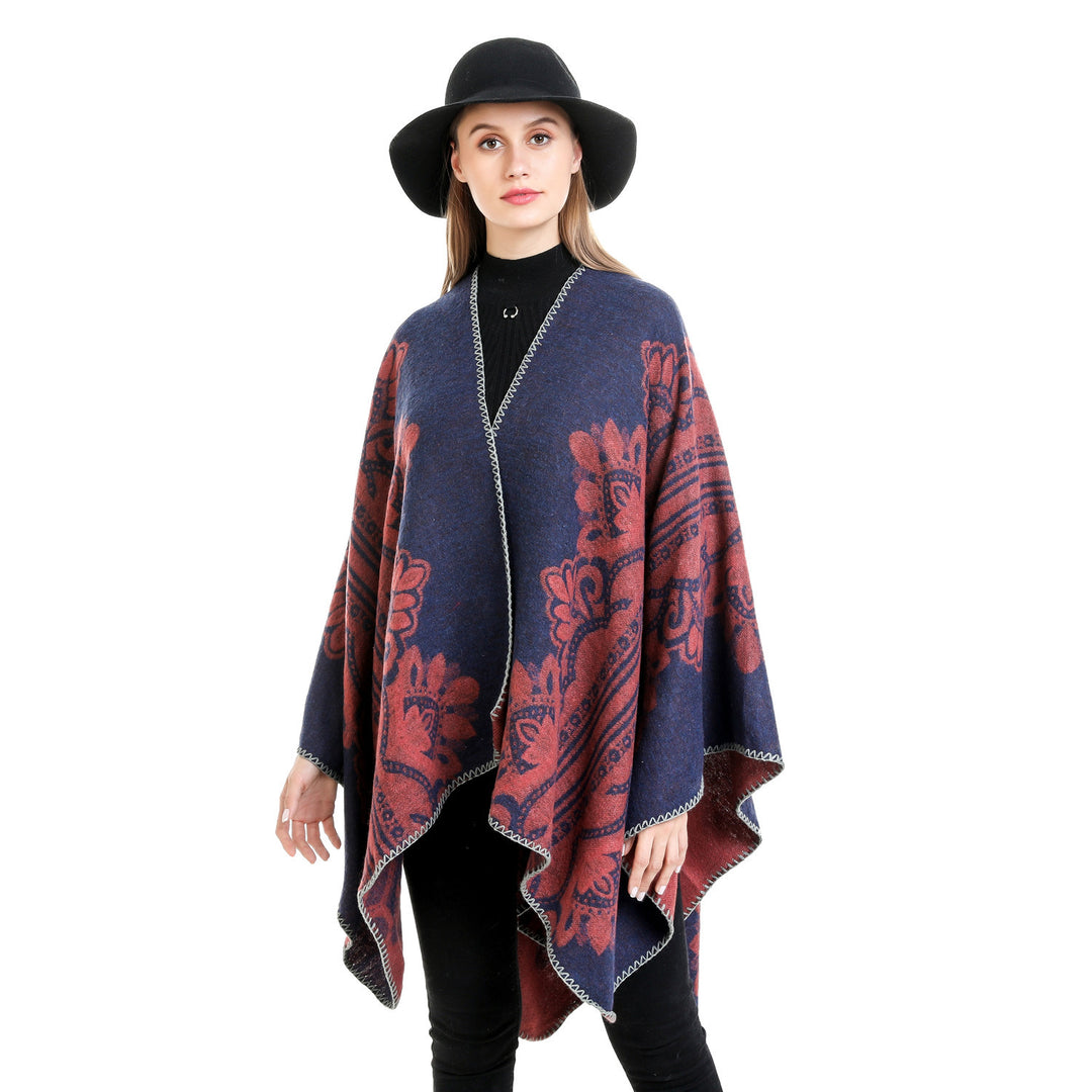 Damen Boho-Ruana mit floralem Ornamentjacquard und ausgefranster Kante – Montévia