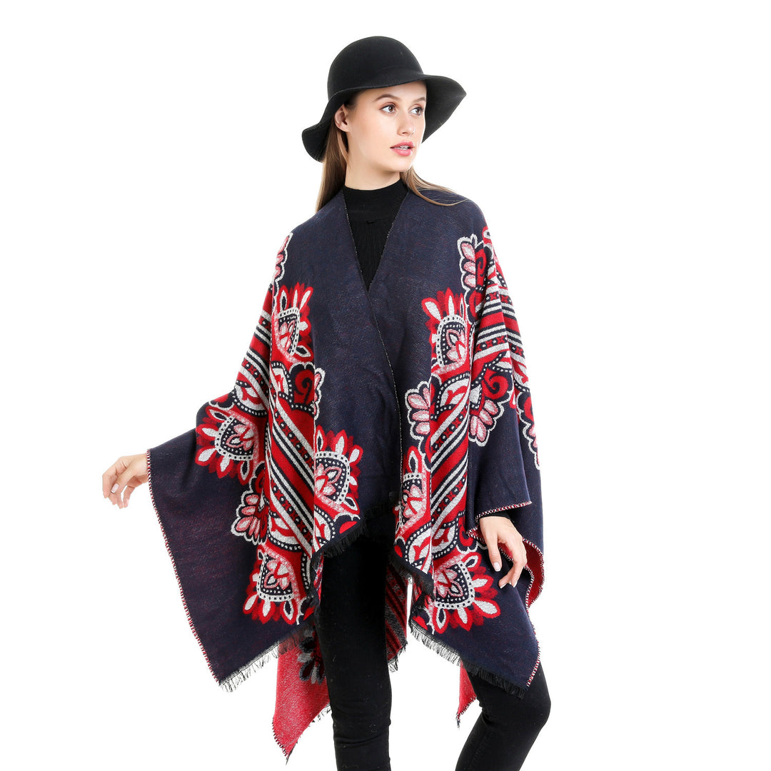 Damen Boho-Ruana mit floralem Ornamentjacquard und ausgefranster Kante – Montévia