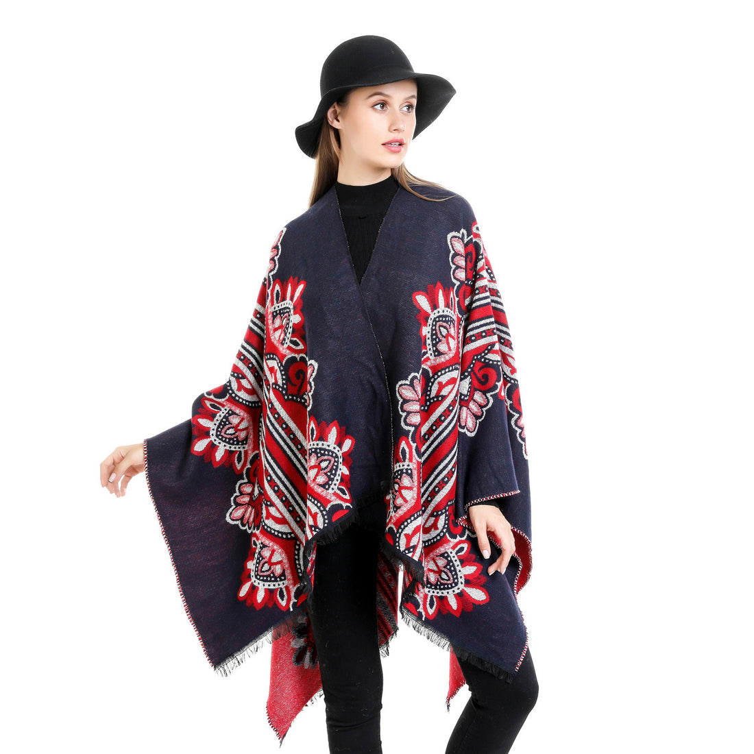 Damen Boho-Ruana mit floralem Ornamentjacquard und ausgefranster Kante – Montévia