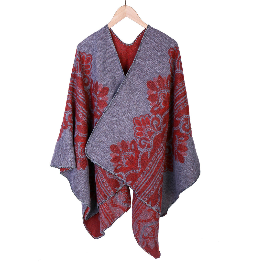 Damen Boho-Ruana mit floralem Ornamentjacquard und ausgefranster Kante – Montévia