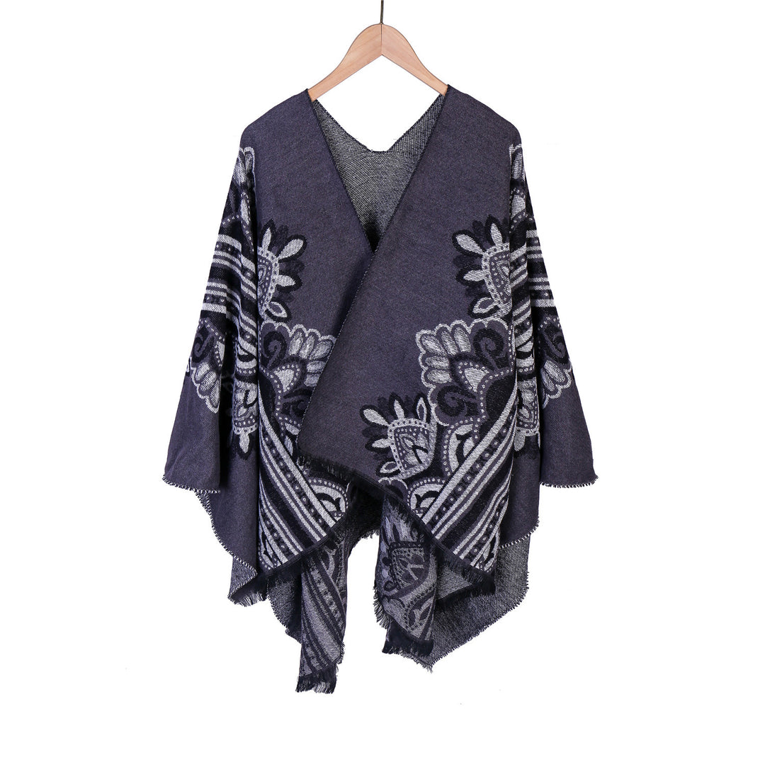 Damen Boho-Ruana mit floralem Ornamentjacquard und ausgefranster Kante – Montévia