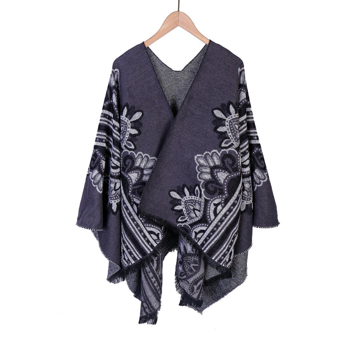 Damen Boho-Ruana mit floralem Ornamentjacquard und ausgefranster Kante – Montévia