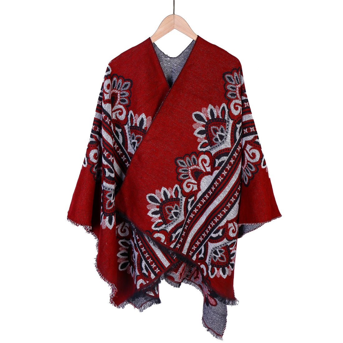 Damen Boho-Ruana mit floralem Ornamentjacquard und ausgefranster Kante – Montévia