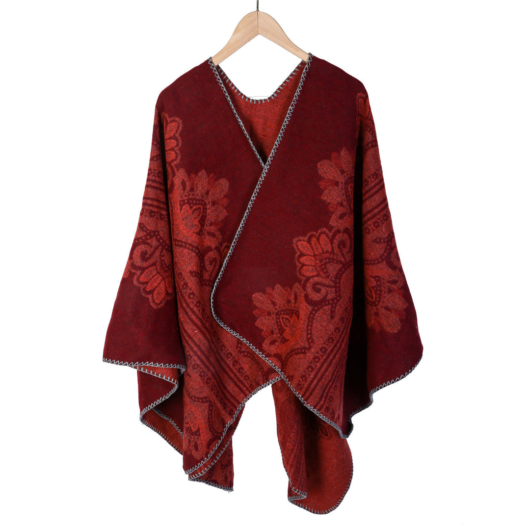 Damen Boho-Ruana mit floralem Ornamentjacquard und ausgefranster Kante – Montévia