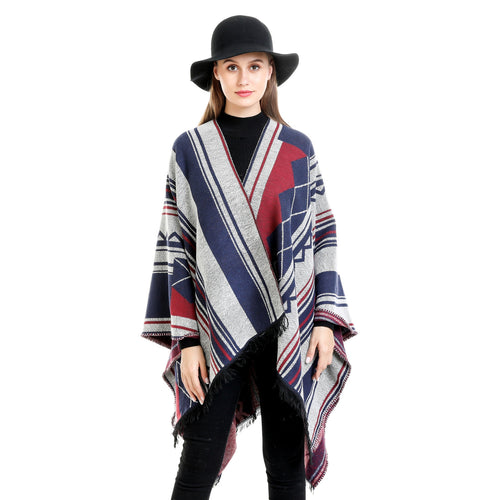 Damen Jacquard-Ruana im Oversize-Kimono mit Fransen und geometrischem Muster Echo Archiv