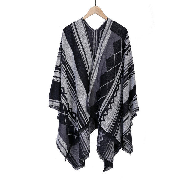 Damen Jacquard-Ruana im Oversize-Kimono mit Fransen und geometrischem Muster Echo Archiv