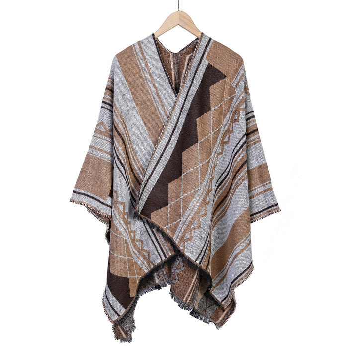 Damen Jacquard-Ruana im Oversize-Kimono mit Fransen und geometrischem Muster Echo Archiv