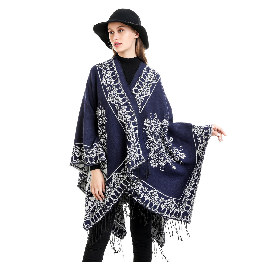 Damen Jacquard‑Poncho im Kimono‑Fall mit Fransensaum Echo Archiv