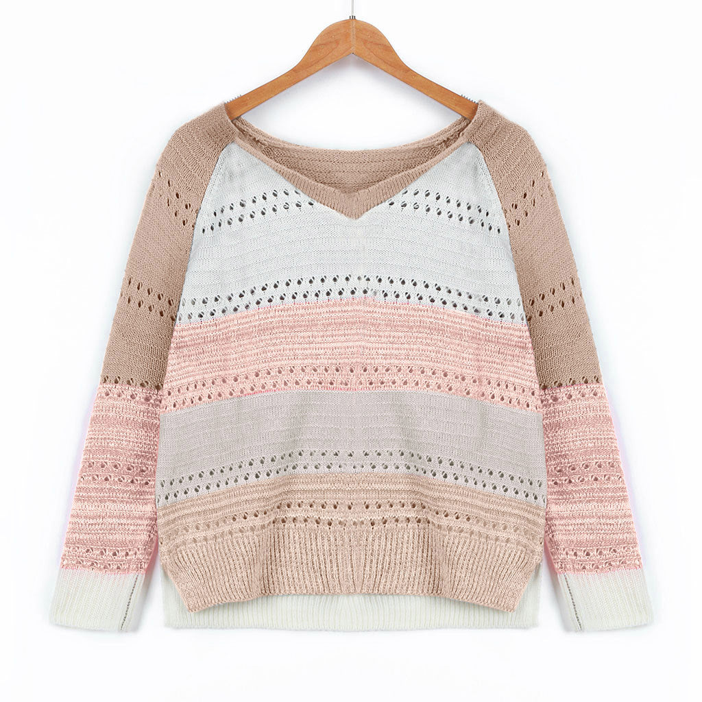 Damen Strickpullover mit V‑Ausschnitt, lockerem Oversize‑Schnitt und Ajour‑Muster – Mavelle