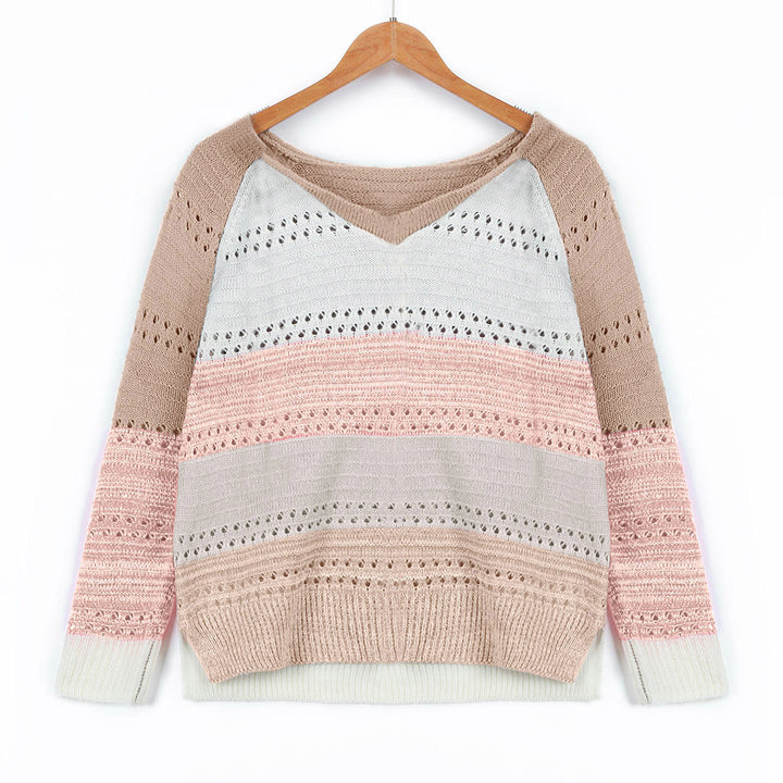 Damen Strickpullover mit V‑Ausschnitt, lockerem Oversize‑Schnitt und Ajour‑Muster – Mavelle
