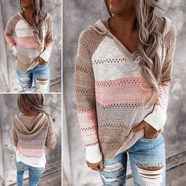 Damen Lockerer Strickkapuzenpullover mit Lochmuster und Eingrifftasche – Auréline