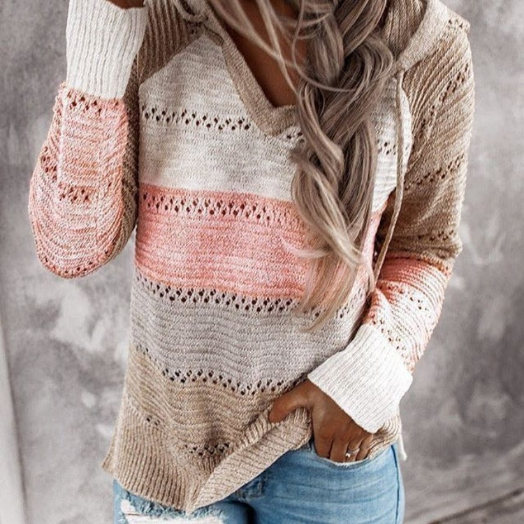 Damen Lockerer Strickkapuzenpullover mit Lochmuster und Eingrifftasche – Auréline