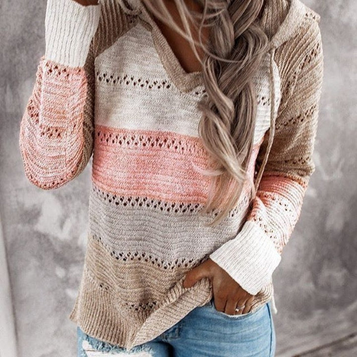 Damen Lockerer Strickkapuzenpullover mit Lochmuster und Eingrifftasche – Auréline